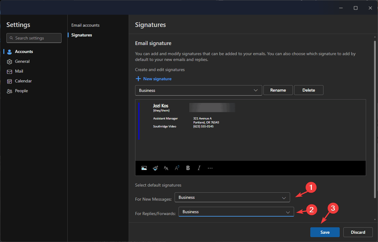 Вставленная подпись в поле редактирования подписи Outlook