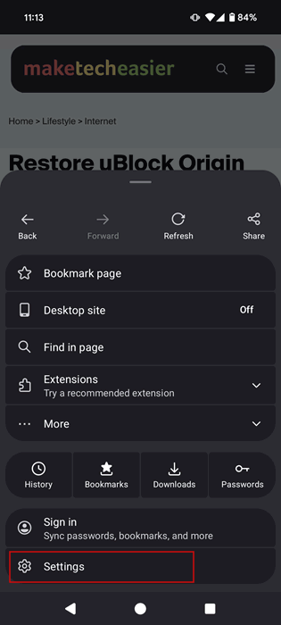Opção Configurações no menu do Firefox para Android