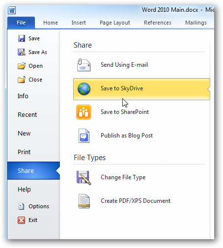 Окно Backstage: пункт «Сохранить на SkyDrive» выделен