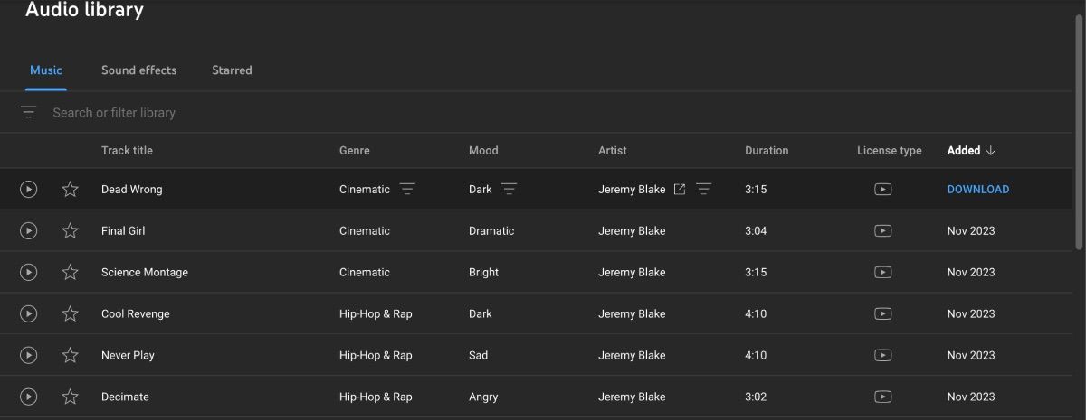 Вкладка музыки с опцией скачивания трека