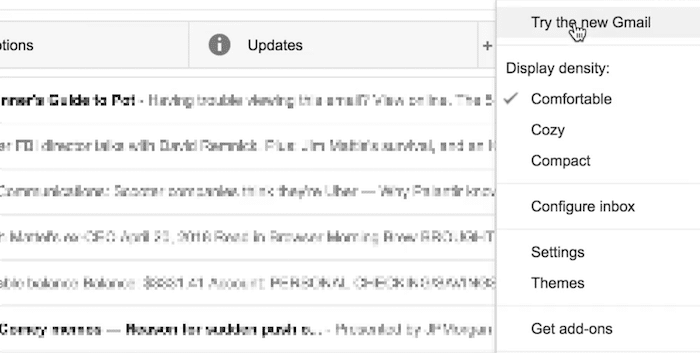 инструкция: как попробовать новый Gmail — пункт Try the new Gmail в меню