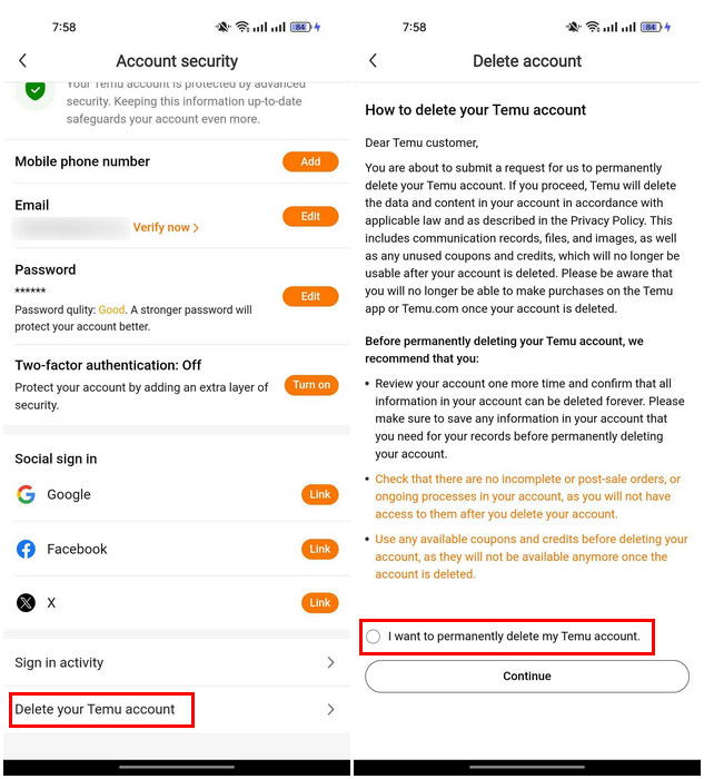 Экран мобильного приложения Temu — удаление аккаунта