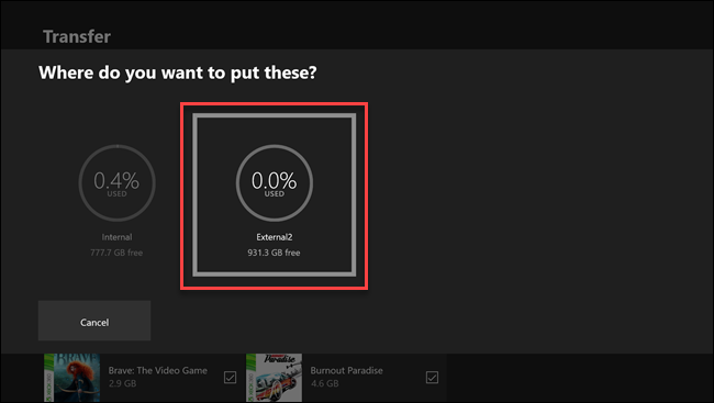 Подменю переноса: выделён пустой внешний диск 'External2'