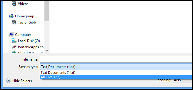 Сохранение файла: выбор типа Все файлы