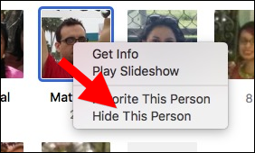 Пункт меню для скрытия человека из альбома «Люди»