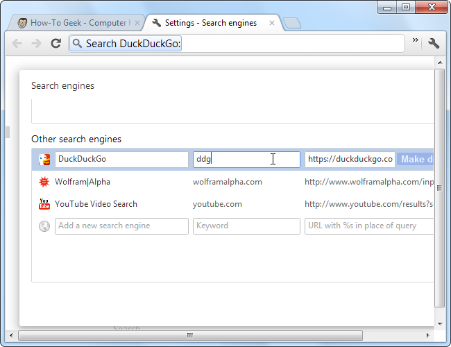 Назначение короткого ключевого слова ddg для DuckDuckGo в Chrome