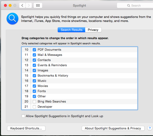 Иконка Spotlight и настройки поиска на Mac