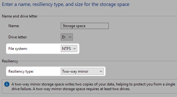 storage spaces reiliency and file system