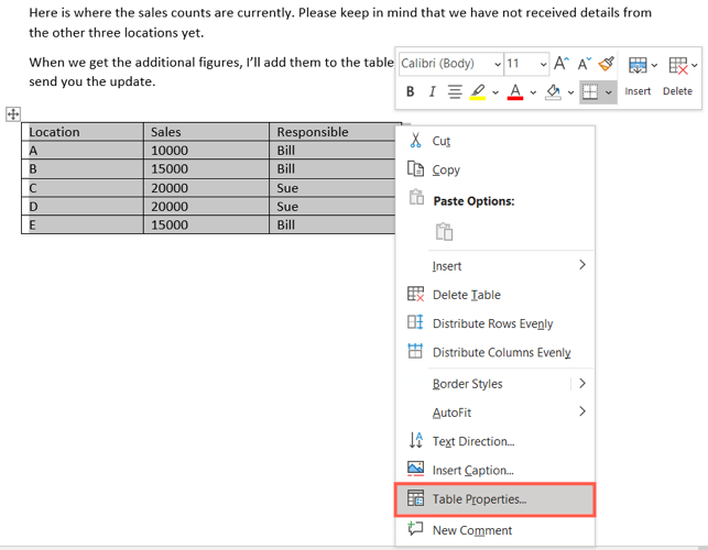 Выберите Свойства таблицы