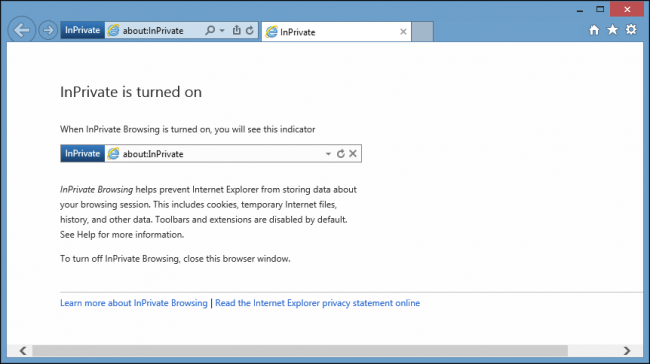 Интерфейс Internet Explorer с синим индикатором InPrivate рядом с адресной строкой