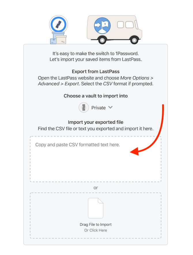 Поле вставки CSV в 1Password