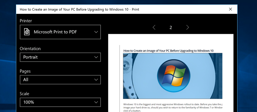 Скриншот меню печати в Windows 10 с опцией печать в PDF