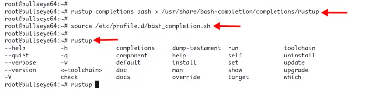 Пример автодополнения команды rustup в bash