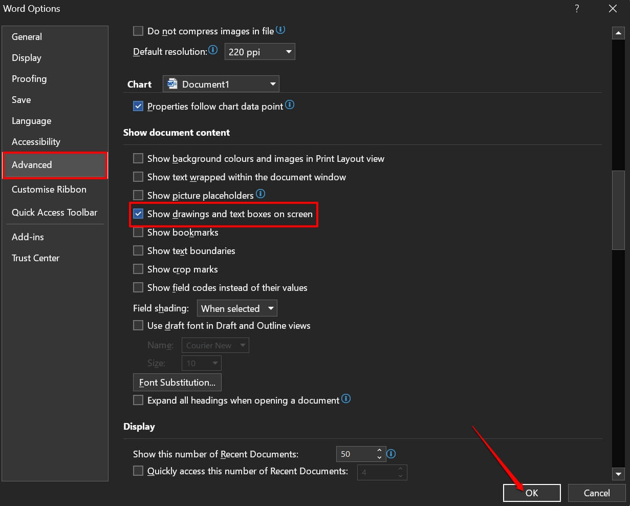 Параметр 'Показать рисунки и текстовые поля на экране'
