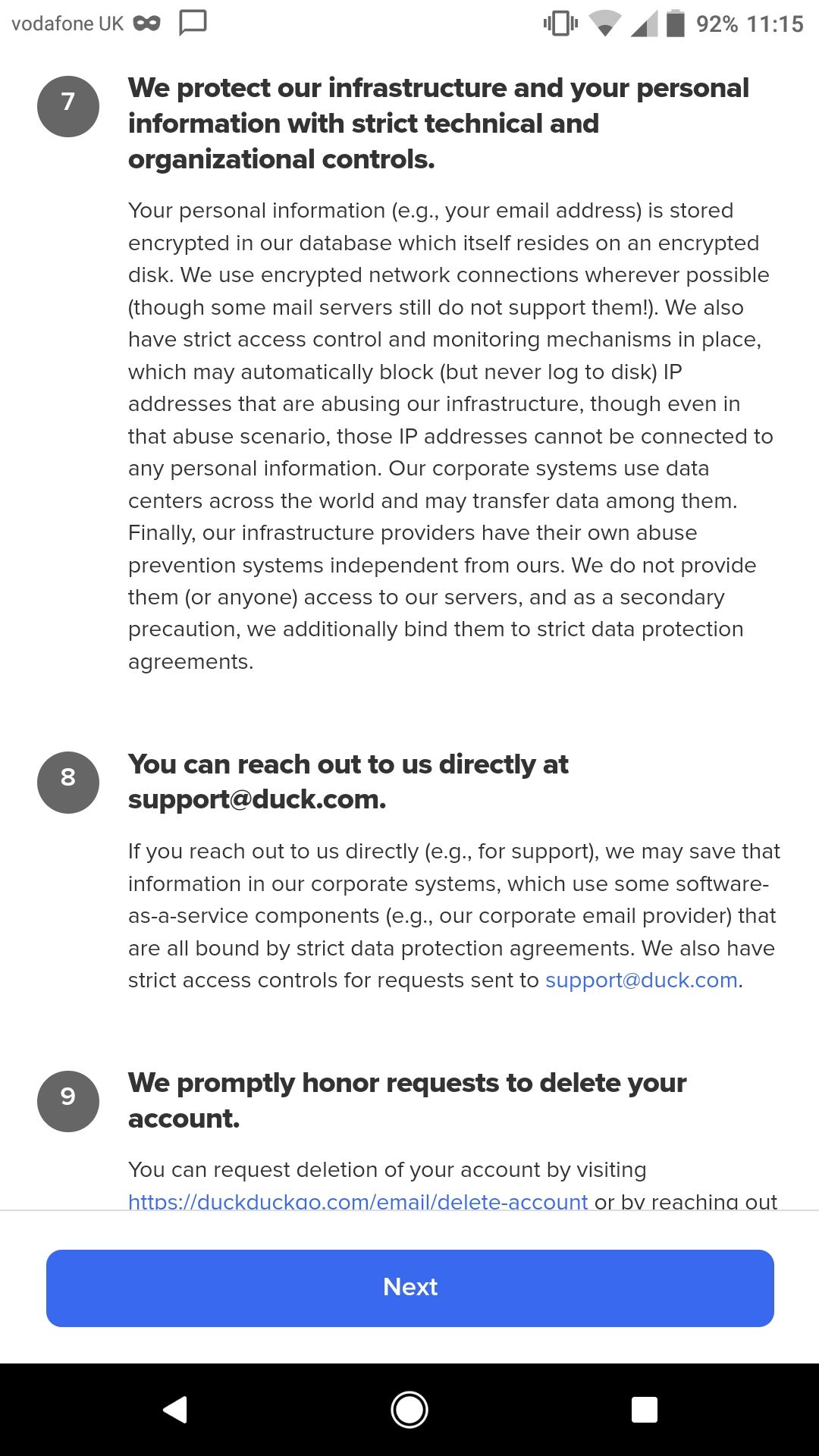 Скриншоты условий и интерфейса регистрации DuckDuckGo