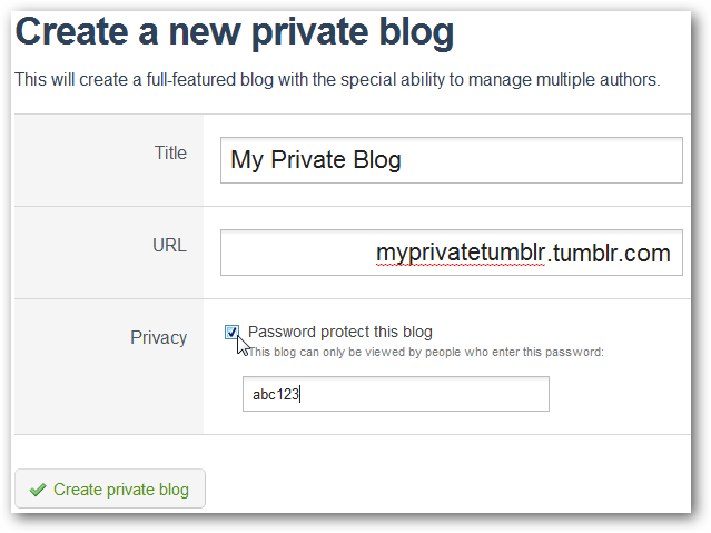 Окно создания нового блога и опция защиты паролем