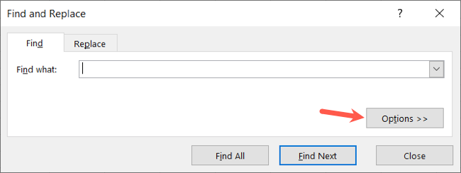 Кнопка Options в окне Find and Replace
