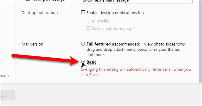 Выбор Basic в разделе Mail version