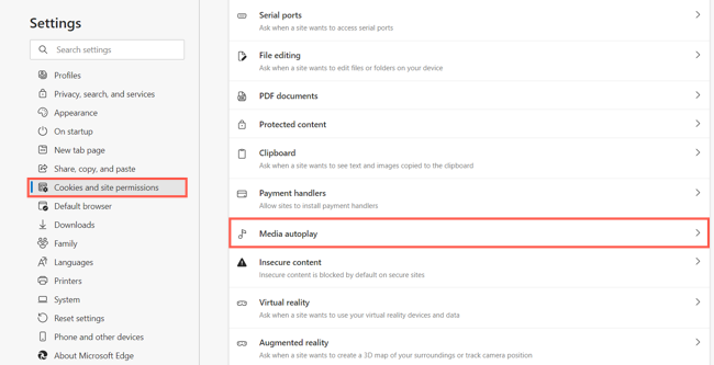 Доступ к 'Файлы cookie и разрешениям сайтов', 'Автовоспроизведение медиа' выделено