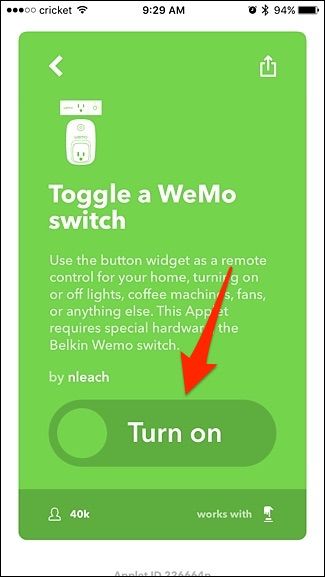 Кнопка Turn On для включения виджета в IFTTT на iPhone