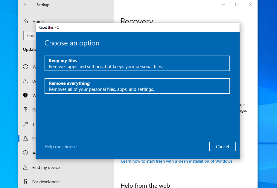 Параметры восстановления «Вернуть компьютер в исходное состояние» в Windows 10