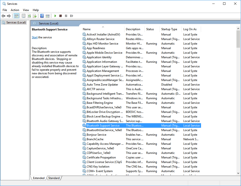 Скриншот окна служб: служба поддержки Bluetooth выделена