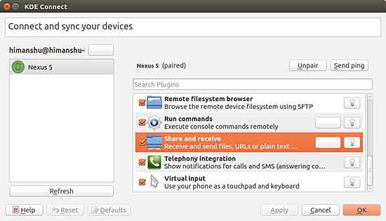Настройки KDE Connect с плагинами