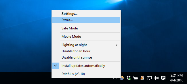 Меню дополнительных опций f.lux с настройками Philips