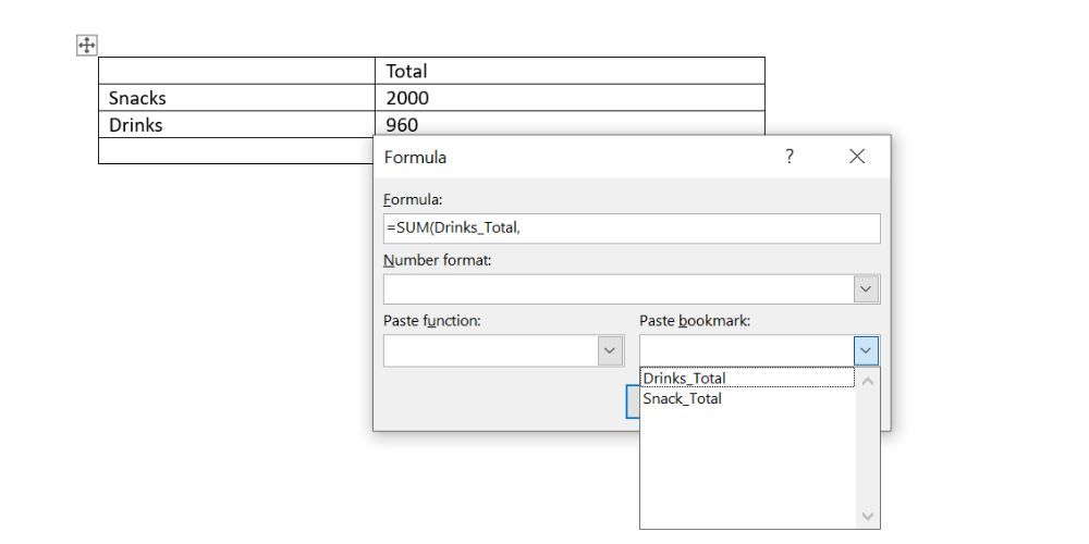 Вставка закладки в поле Формула