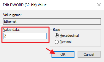 Изменение значения Ethernet с 1 на 2