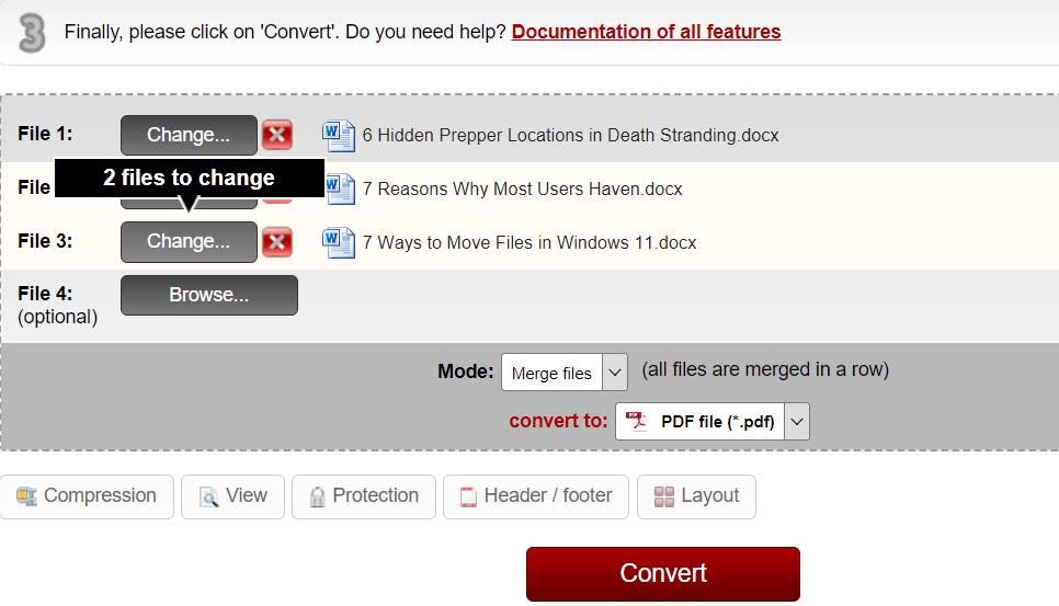 Опция «Convert files separately» в Online2PDF