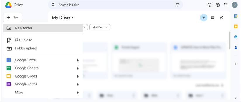 Создание новой папки Google Drive