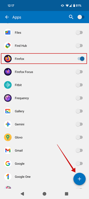 Selecionando Firefox para bloqueio no AppLock