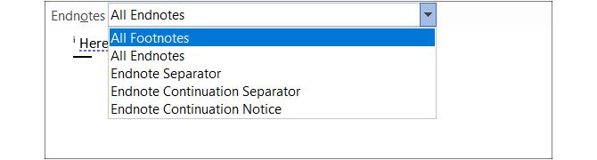 Выбор опции в области сносок в Word