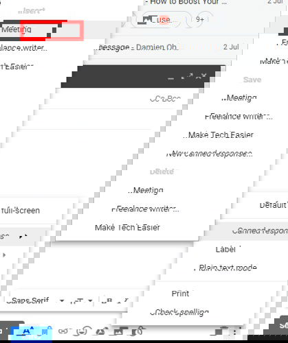 Вставка шаблона в письмо из меню вставки
