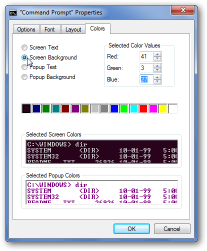 Вкладка «Цвета» в свойствах Командной строки