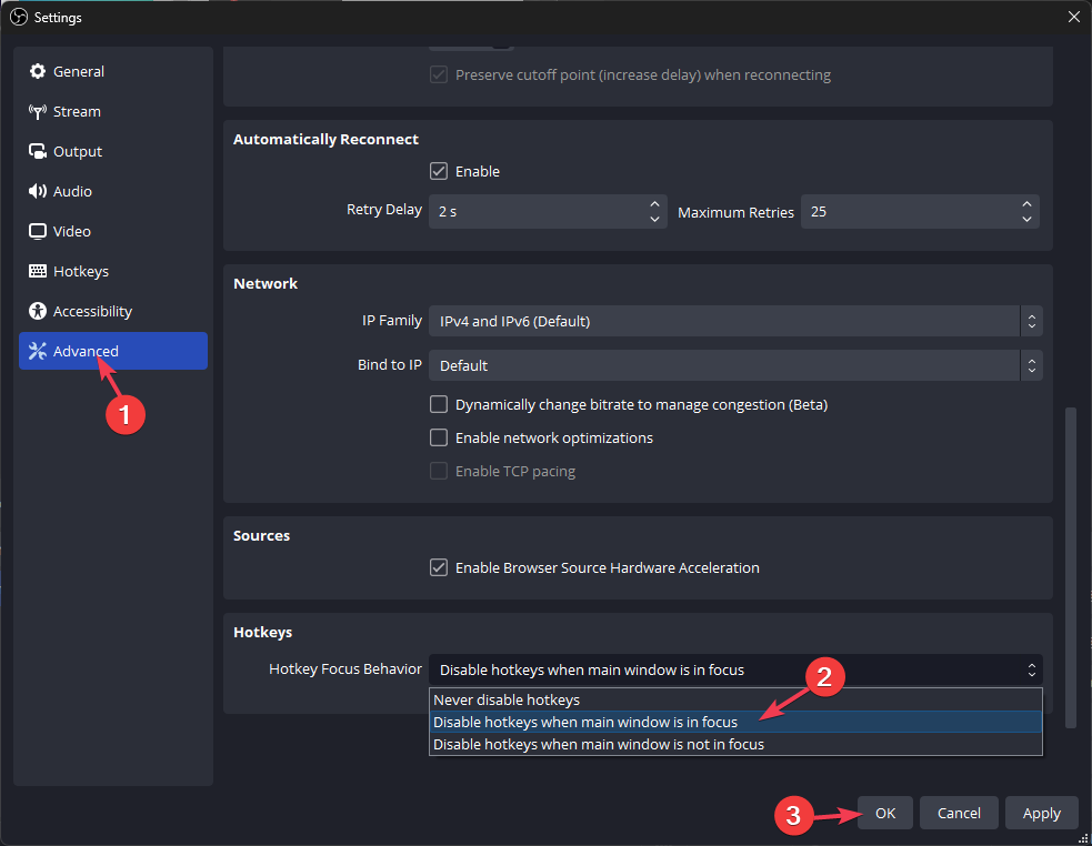Дополнительные настройки OBS — раздел Горячие клавиши