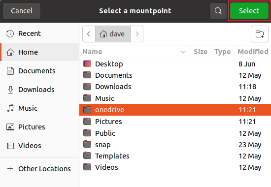 Selecting the mount point in the onedriver file selection window