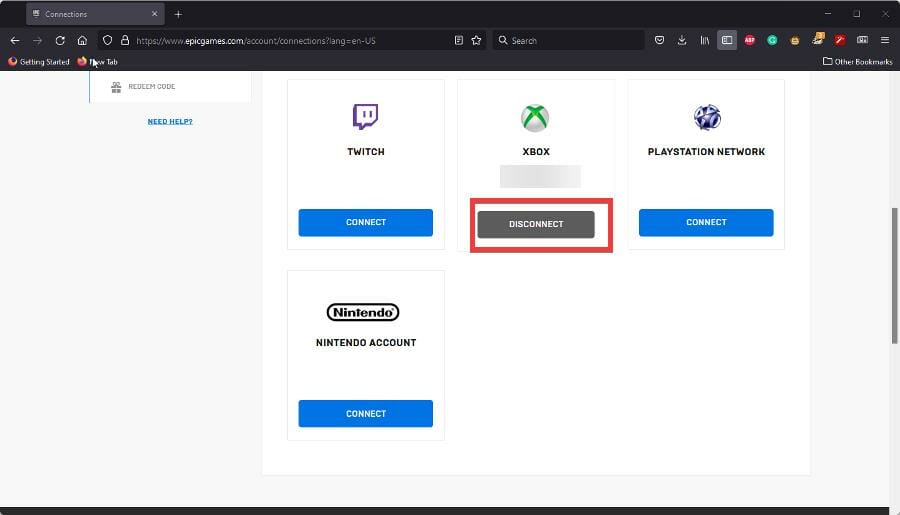 Кнопка Disconnect рядом с Xbox Live