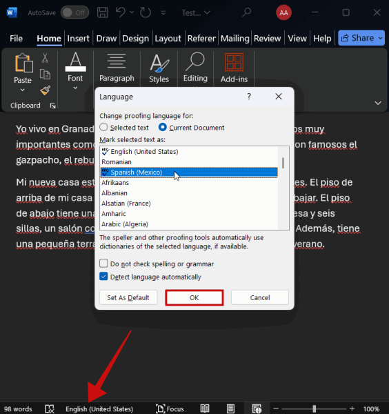 Переключение языка прямо из документа в Word на ПК. 