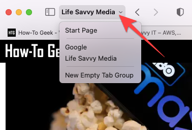 Выбор группы вкладок через интерфейс в левом верхнем углу Safari