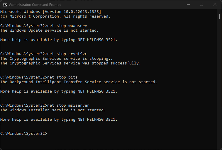 Команды остановки служб Windows Update