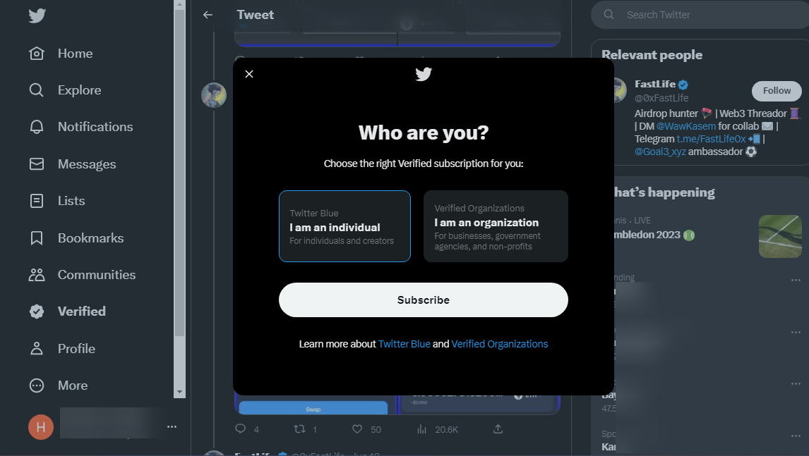 Выбор тарифного плана Twitter Blue