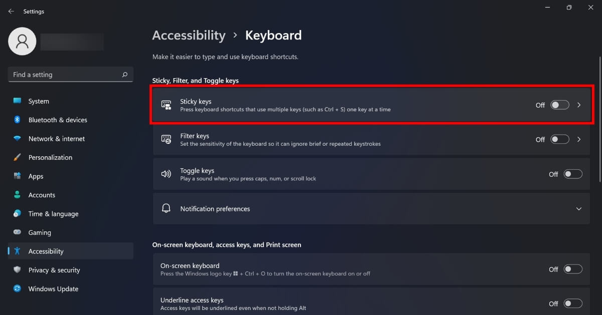 Desactivar Teclas especiales en Accesibilidad