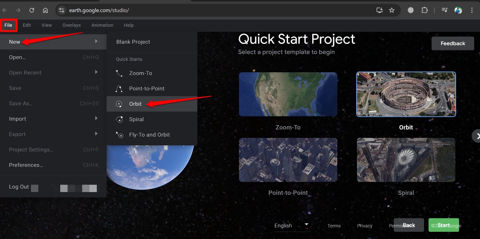 Выбор пресета через меню File в Earth Studio