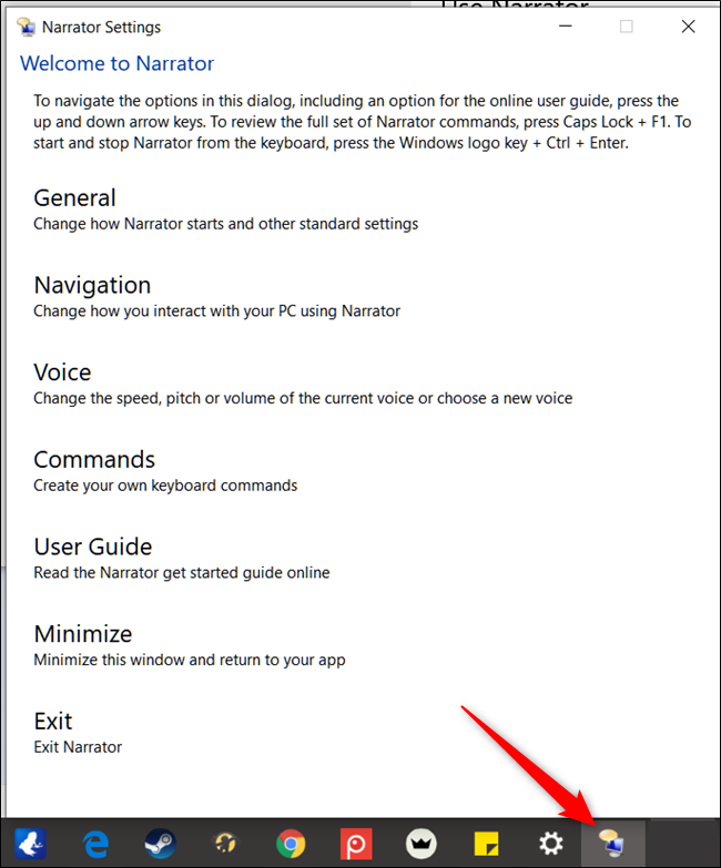 Классическое окно настроек Narrator с категориями команд