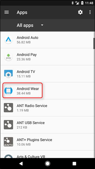 Карточка приложения Android Wear в настройках