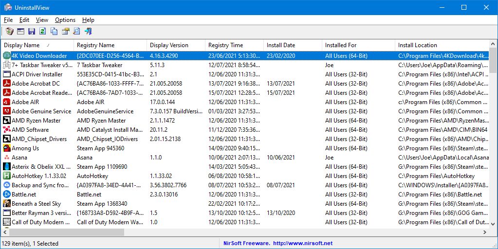 окно UninstallView с перечнем программ