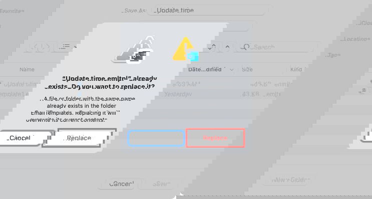 Сообщение о замене шаблона на Mac
