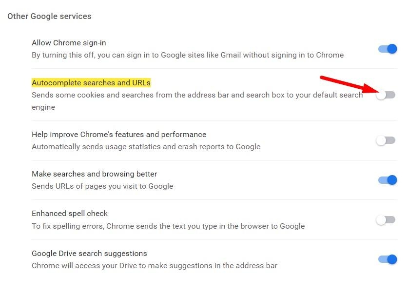 Изображение: настройка Автозаполнение поисковых запросов и URL в Chrome